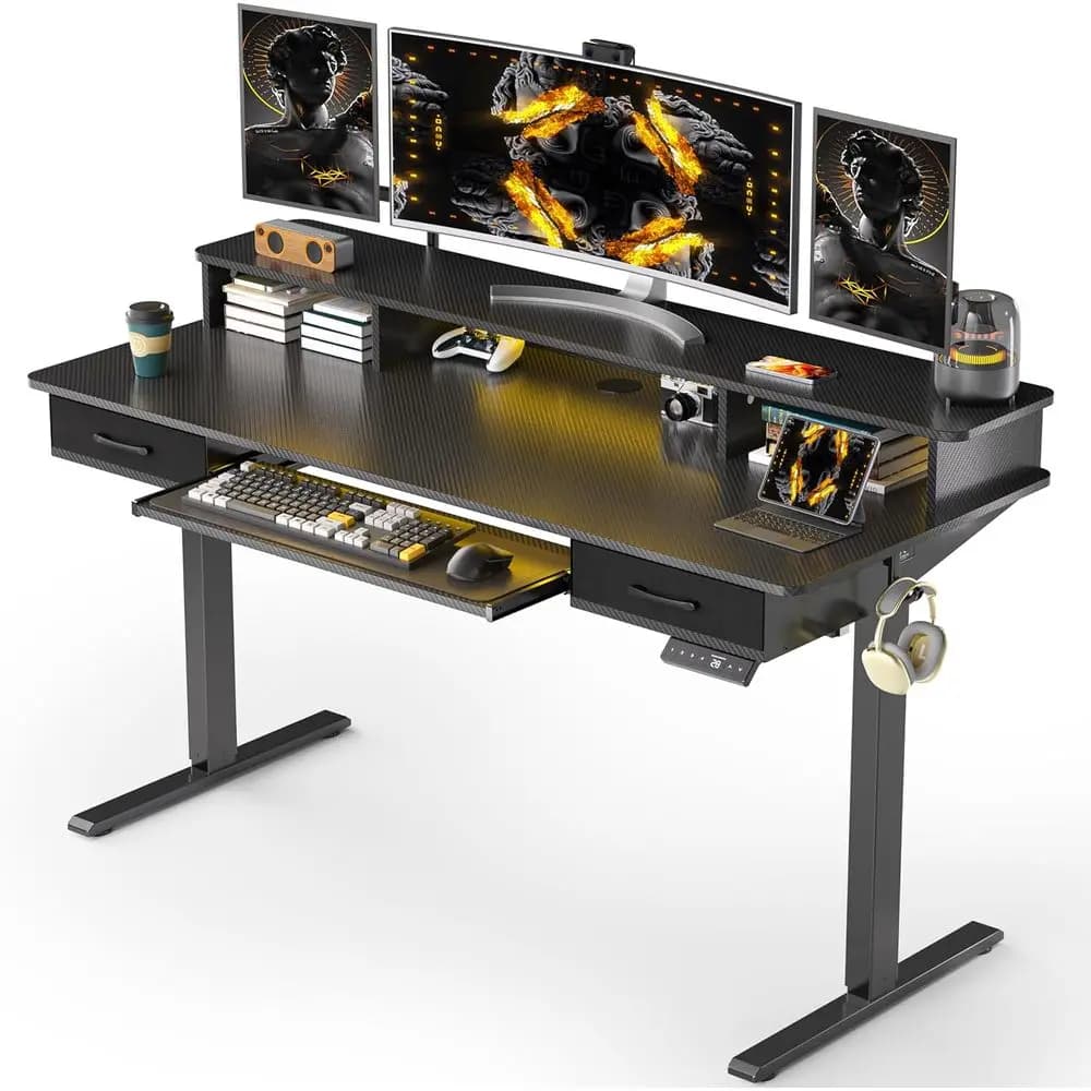 Scrivania Elettrica Regolabile 24x55 Pollici con Vassoio per Tastiera, Doppia Scrivania, Supporto Ergonomico e Porta Monitor, Nera