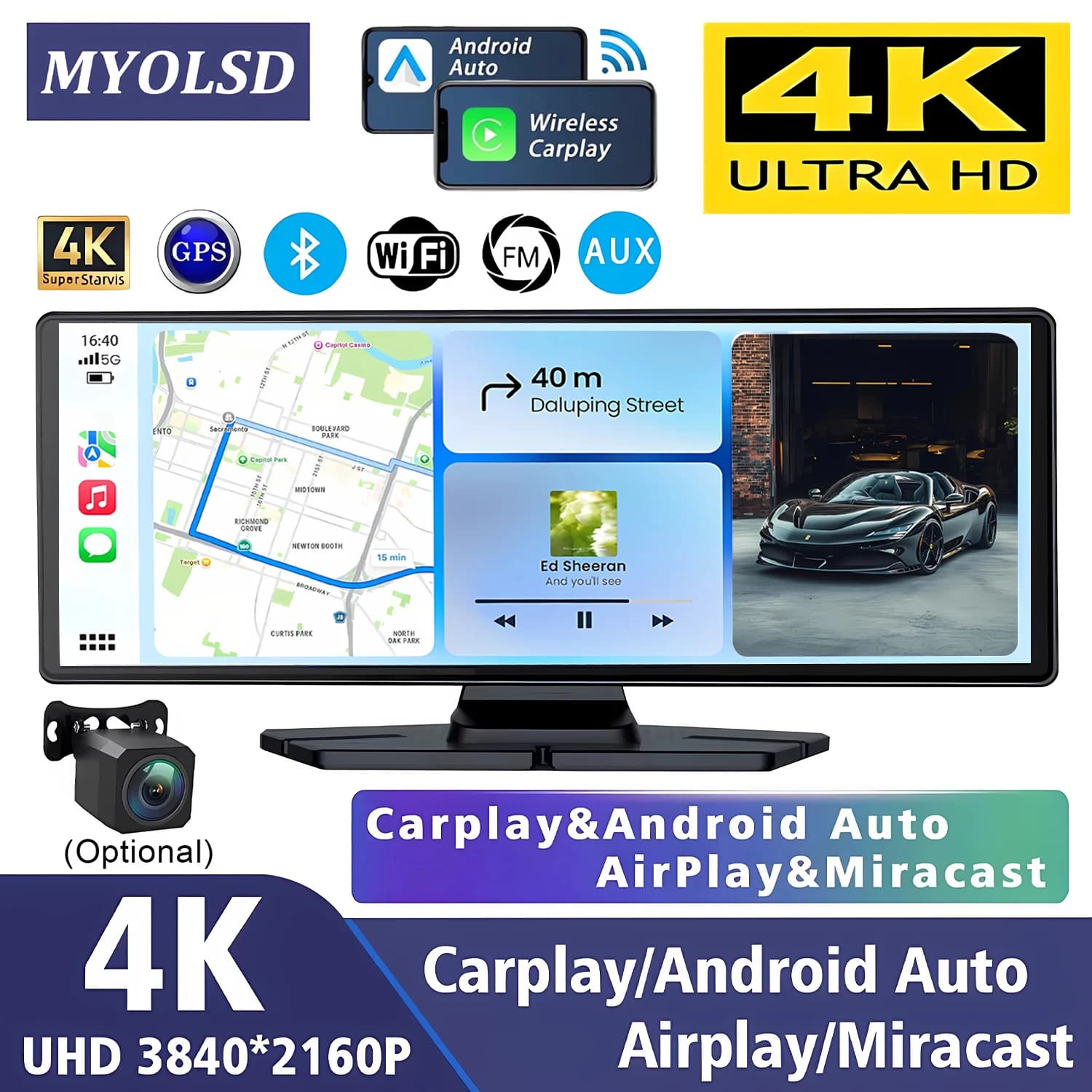 10.26 Inch Dash Cam 4K Carplay & Android Auto Car DVR Video Drive Recorder Stream Dahscam 360 ° Rotation Camera 5G Wifi GPS