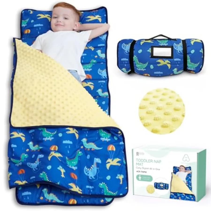 Tappetino per il riposo del bambino con cuscino e coperta, grande materassino arrotolabile, sacco nanna per bambini e bambine, sacco a pelo per la scuola materna