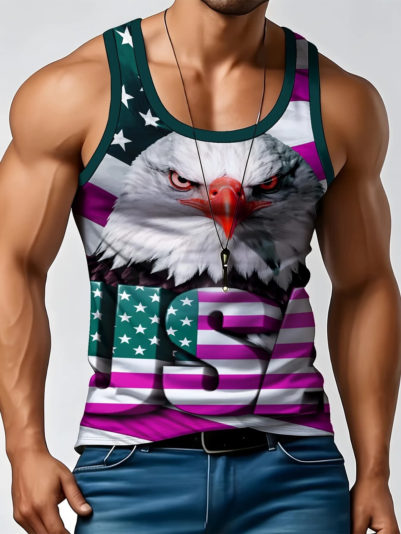 Trending Hot Sale Abstract Print Men Sleeveless Tank Shirt, Fit Breathable Eagle Gym Vest For Daily Holiday Street Look