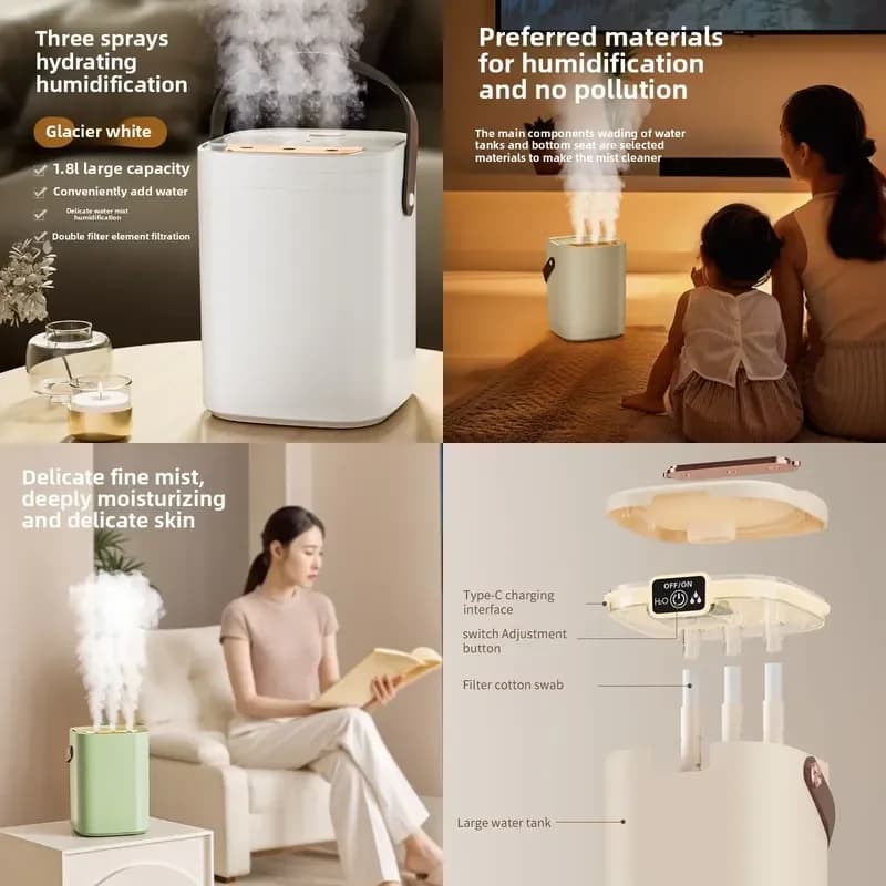 USB three nozzle humidifier 1.8L large capacity air humidifier aromatherapy diffuser LED night light spray