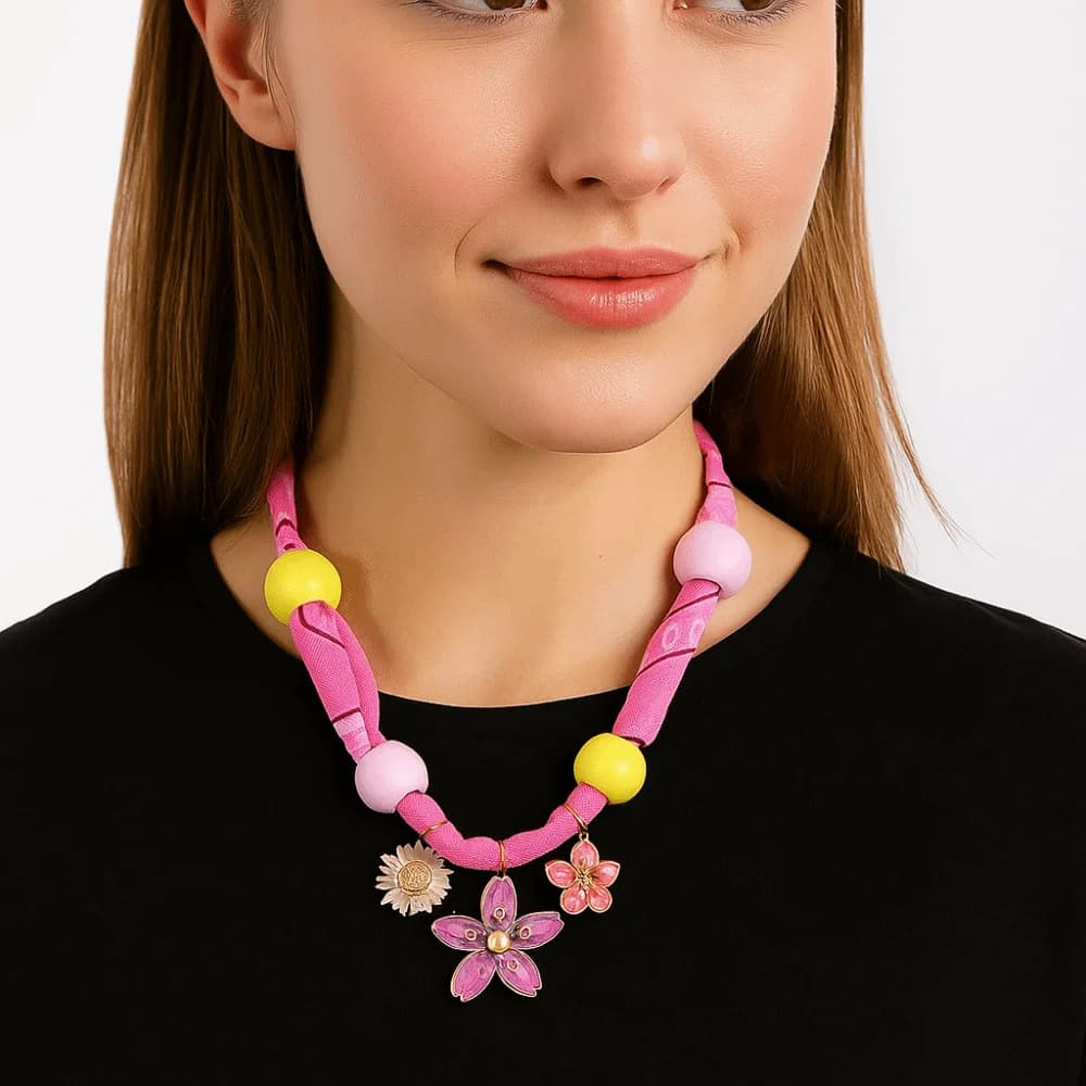 Collana a Catena con Sciarpa Floreale Personalizzata, Perline, Stile Etnico, Cordino in Nylon, Choker, Ciondoli a Tema Organismi Marini, Accessori Gioielli
