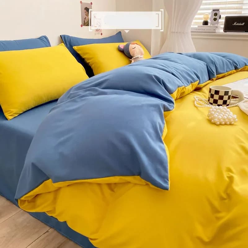 Set biancheria da letto solido in cotone lavato di lusso 3-4 pezzi Set copripiumino king size giallo per la casa con lenzuola piatte Set biancheria da letto semplice queen