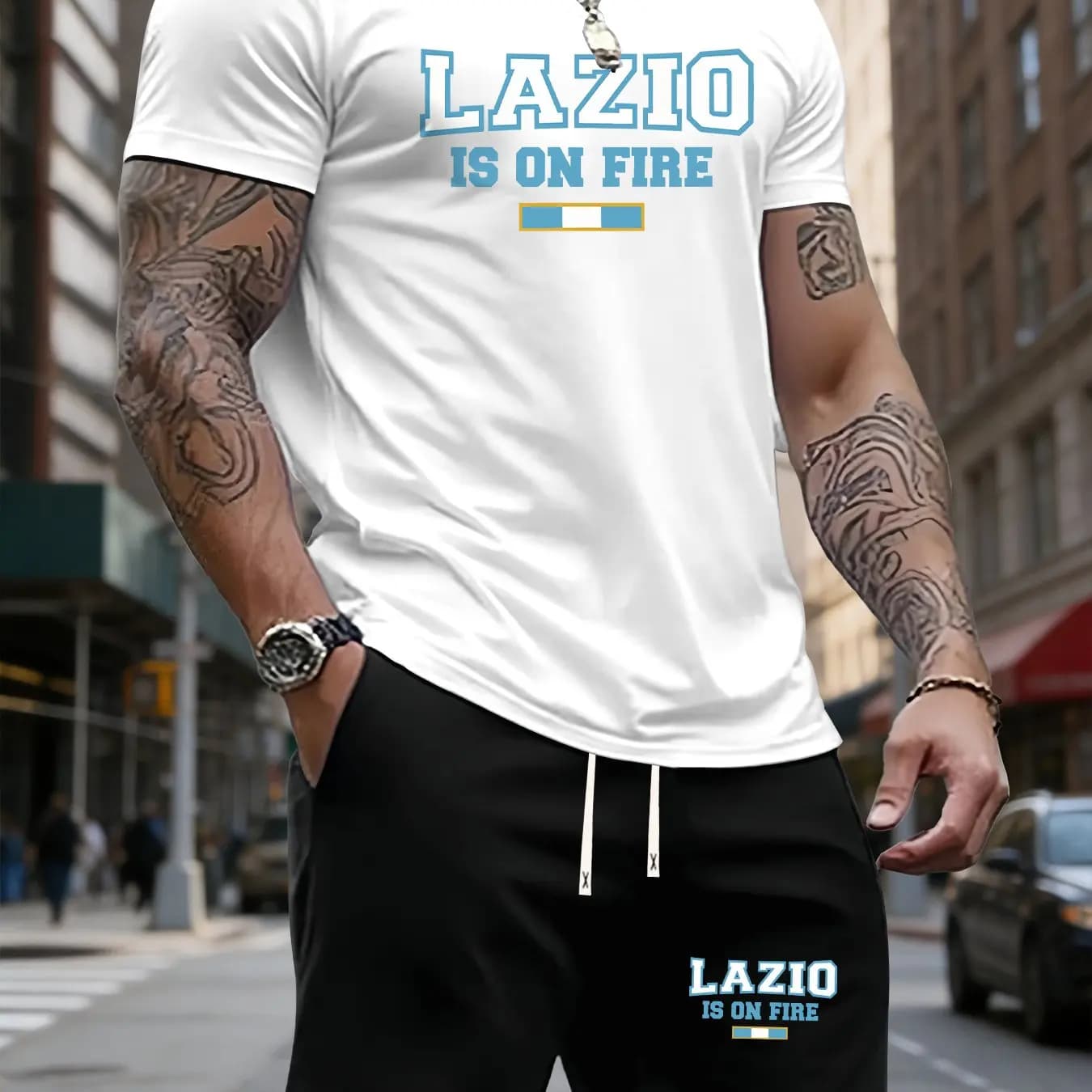 Completo estivo da uomo in due pezzi, set di pantaloncini con motivo a tema, top casual a maniche corte e felpa alla moda.