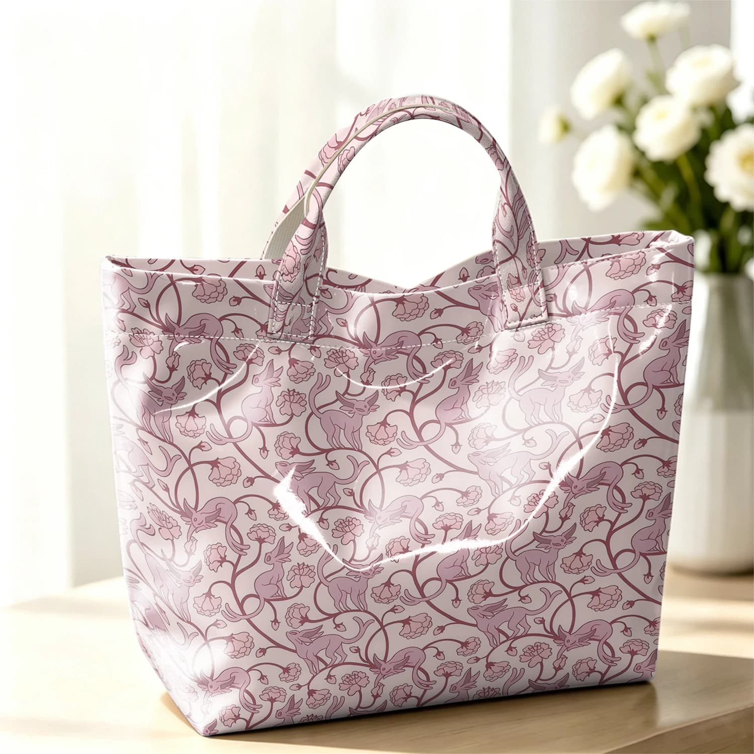 Vintage Beast Floral Stylish Large Glossy PVC Tote Bag Washable Waterproof Durable Ideal for Travel Commute Cosmetics Handbags