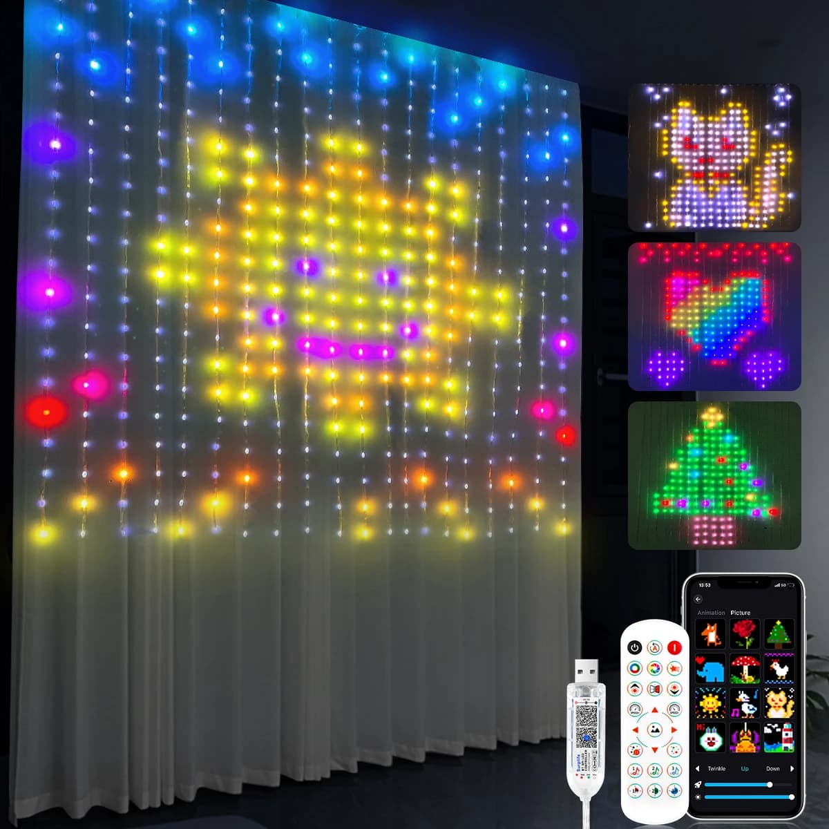 2Mx2M,3Mx3M DIY Pattern Smart USB LED Curtain Light APP Control RGB Dimmable Christmas Light String Window Room New Year Decor