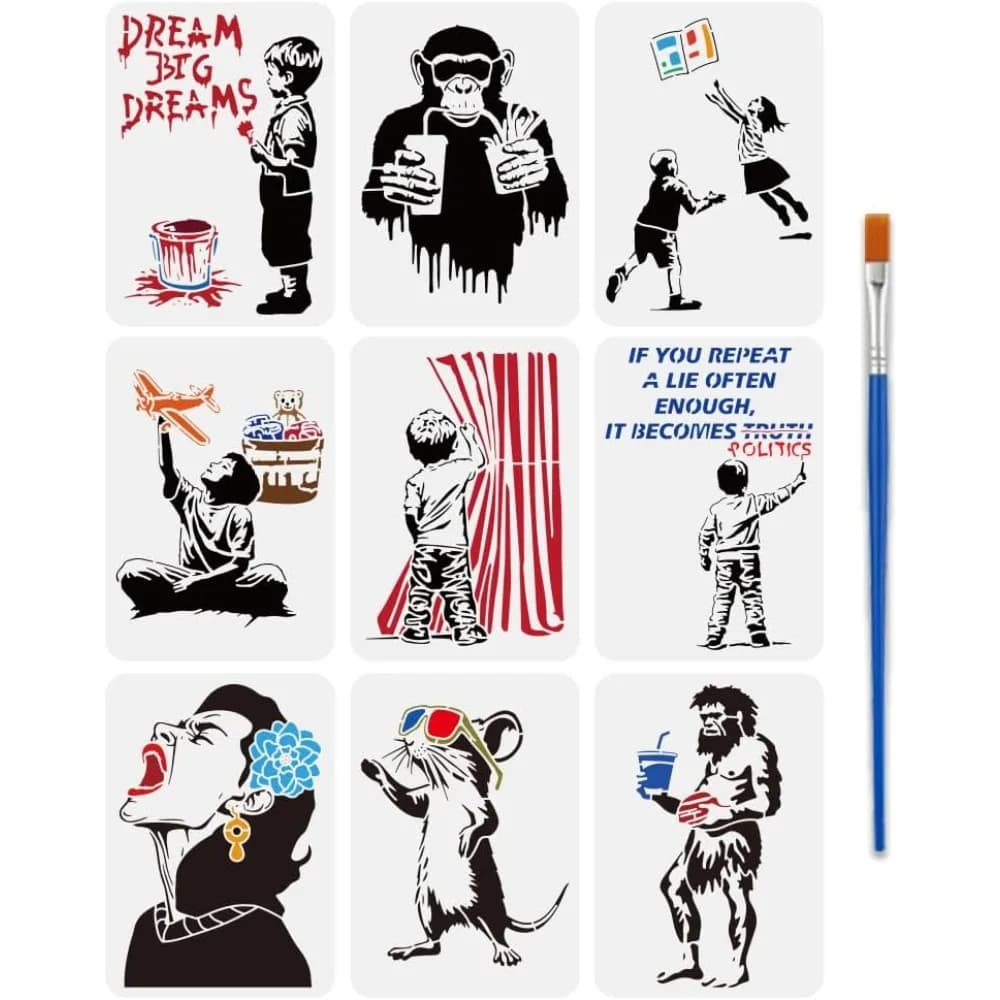 9 Pcs Painting Stencil with Brush 8.3x11.7inch Sunglasses Rat Graffiti Boy Monkey Fast Food Catching Books Game Drawing