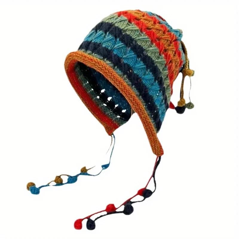 Cappello tessuto a mano di ispirazione etnica da 1 pezzo in più colori con chiusura con coulisse regolabile e occhiali da sci unisex con finiture in nappa