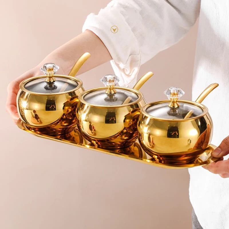 304 Stainless Steel Spice Jar Set with Lid and Spoon 3pcs Seasoning Container with Storage Tray Salt Sugar Pepper Organizer