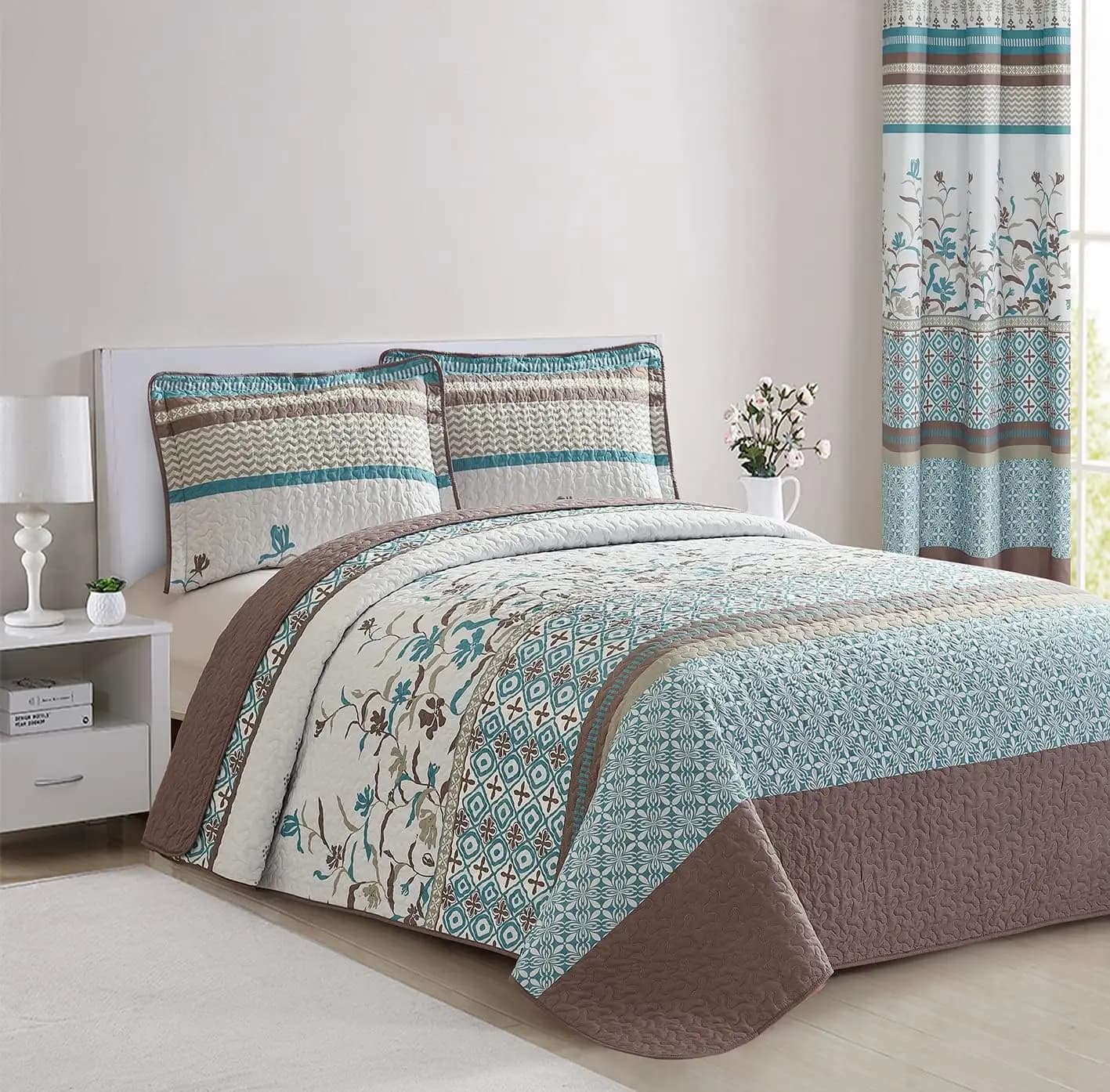 Set Copriletto Reversibile a 2 Pezzi, Misura Twin, Motivo Floreale Marrone e Turchese con Federe