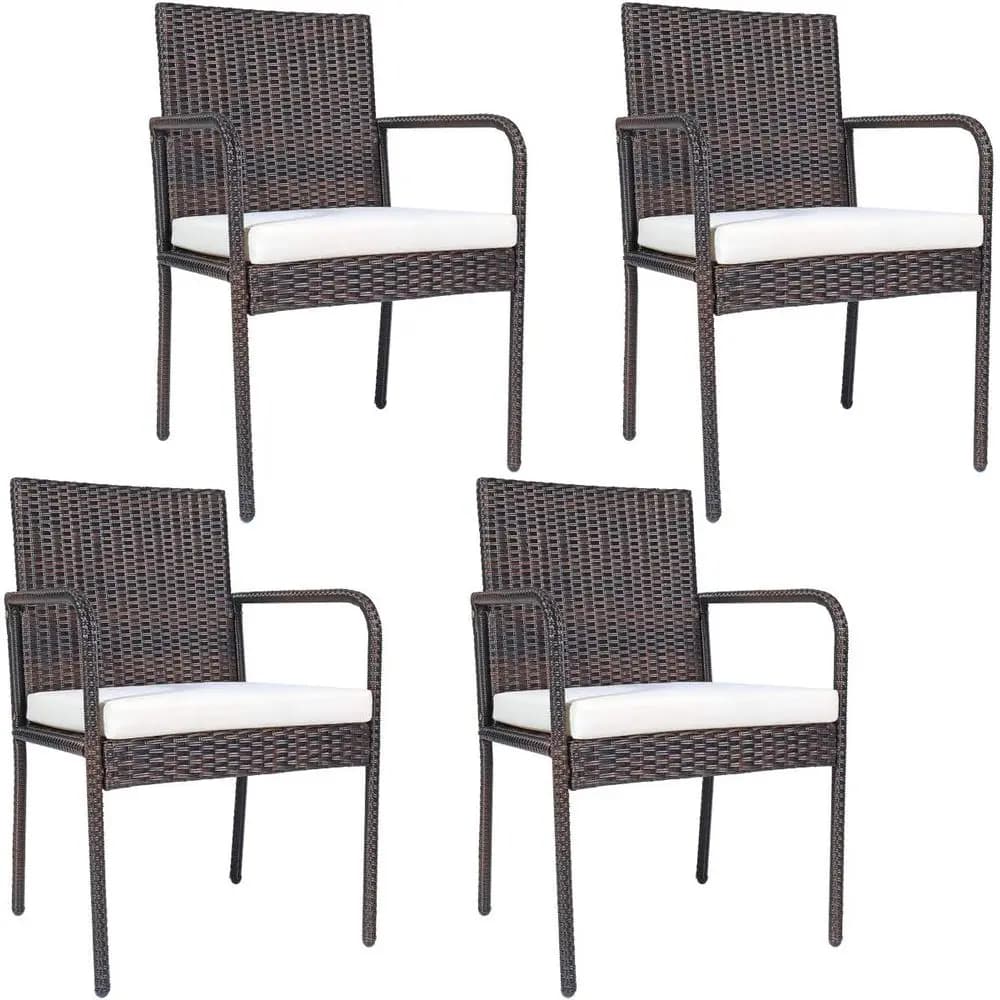 All-Weather Wicker Patio Chair Set of 4 with Cushions, Suitable for Outdoor Dining, Poolside, Garden, Balcony, and Lawn (Brown)