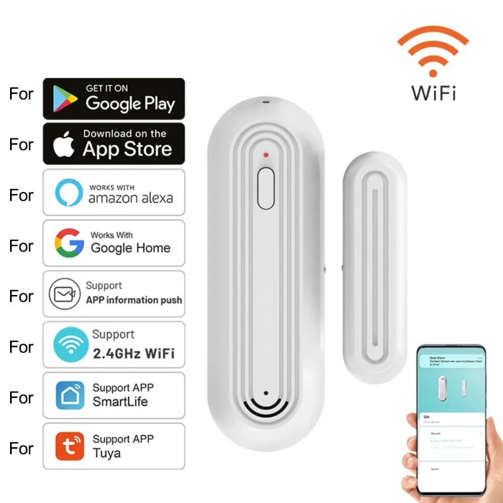 Per Tuya = Smart WiFi Sensore di allarme per porte e finestre Smart Home Rilevatori aperti e chiusi Allarme domestico compatibile con Alexa = Google Home
