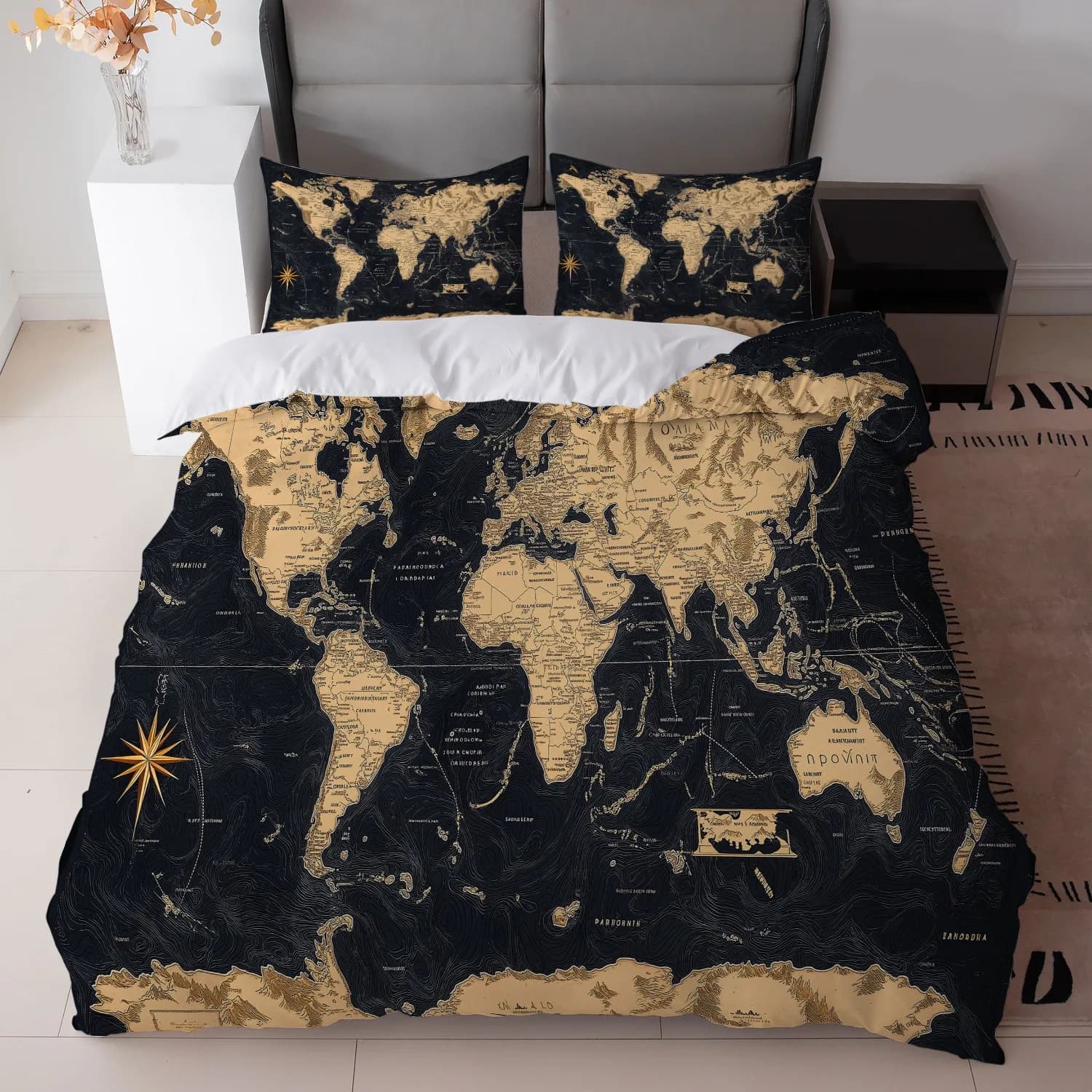 Set copripiumino con mappa del mondo vintage da 3 pezzi, biancheria da letto con stampa bussola dorata nera con federe per l'arredamento della camera da letto