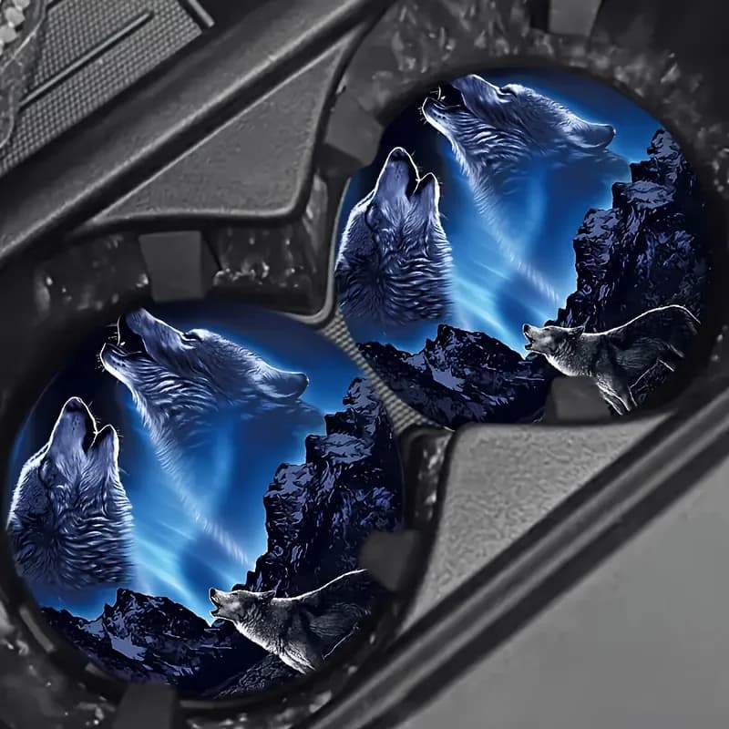 Two Wolf King Howling Designed Car Cup Holder Coasters - Made Of Acrylic Material - Easy To Clean, Perfect For Vehicle Interiors