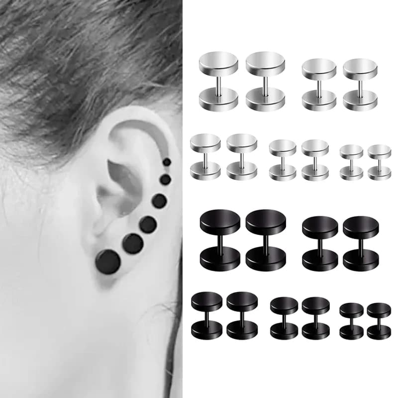 5 paia Punk Round Black Ear Studs vite in acciaio inossidabile Dumbbell Gothic Studs Street Hip Hop Rock orecchini a bottone 4/6/8/10/12mm