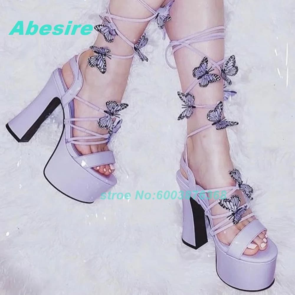 Lolita Sandals with Butterfly Decoration, Plateau, Cross-breeding Laces, Round Toe, Big Heel, Women's Shoes in Sweet Style and Cute