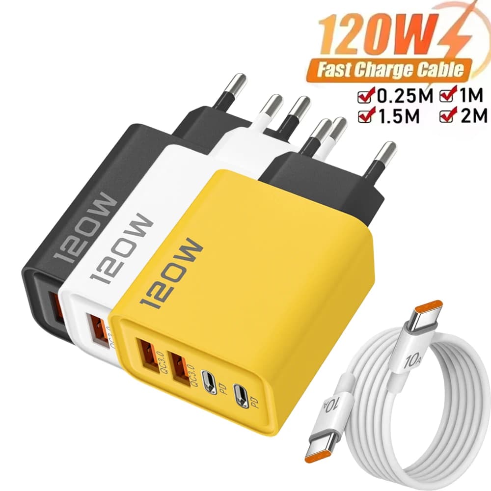 Caricabatterie rapido totale da 120 W Adattatore di alimentazione Quick Charge 3.0 a 4 porte Tipo C Spina UE/USA Cavo dati di ricarica rapida da 120 W da tipo C a tipo C