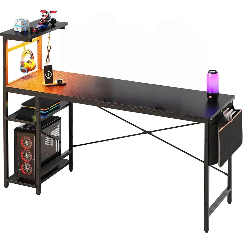 Scrivania da Gaming 61: Illuminazione LED, Ripiani Reversibili, Altezza Regolabile, Telaio in Acciaio, Pannello CARB P2, Fibra di Carbonio 3D Nera