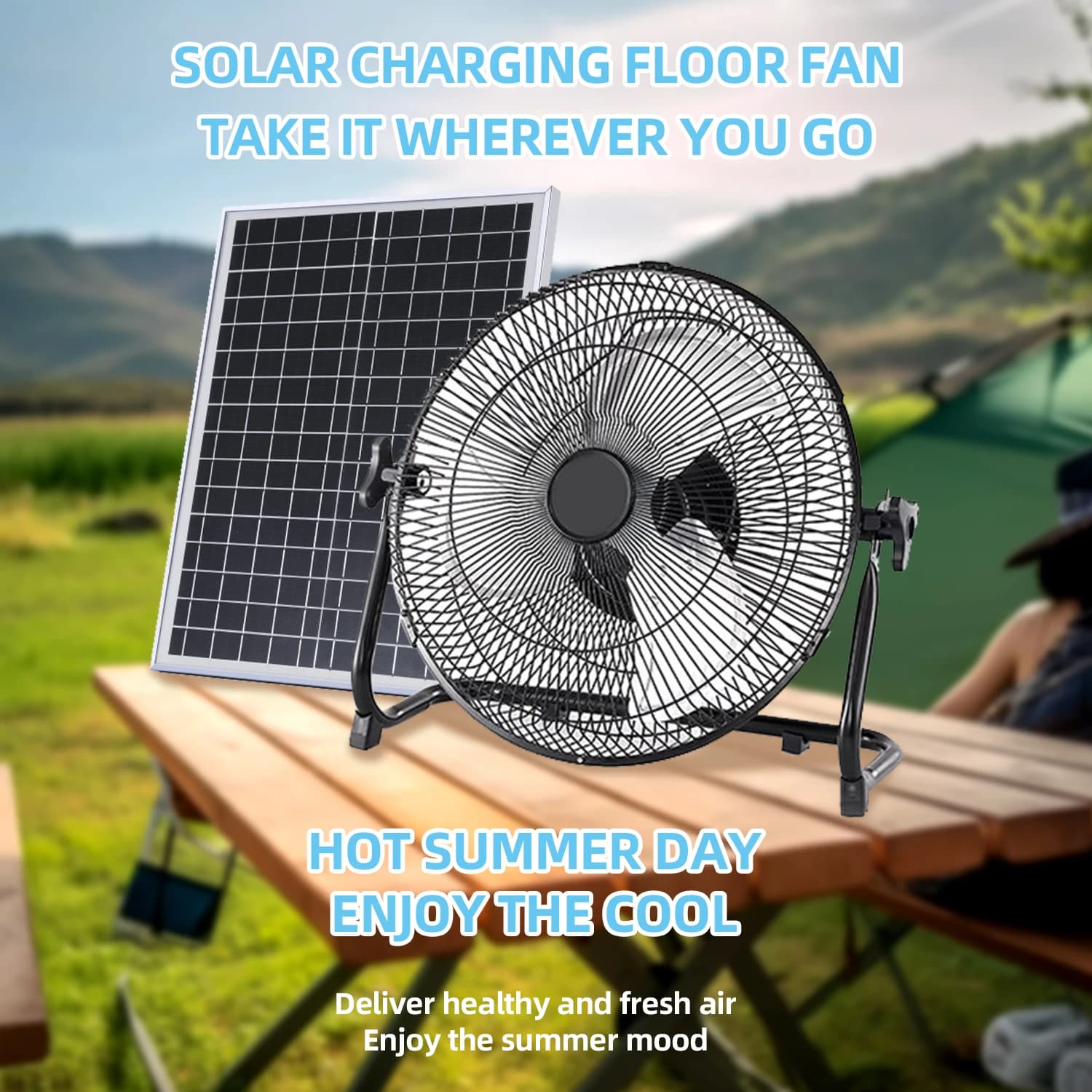 Ventilatore da pavimento solare Ventilatori da campeggio ricaricabili di grandi dimensioni Potente ventilatore portatile Ventilatore elettrico per officina di emergenza senza fili