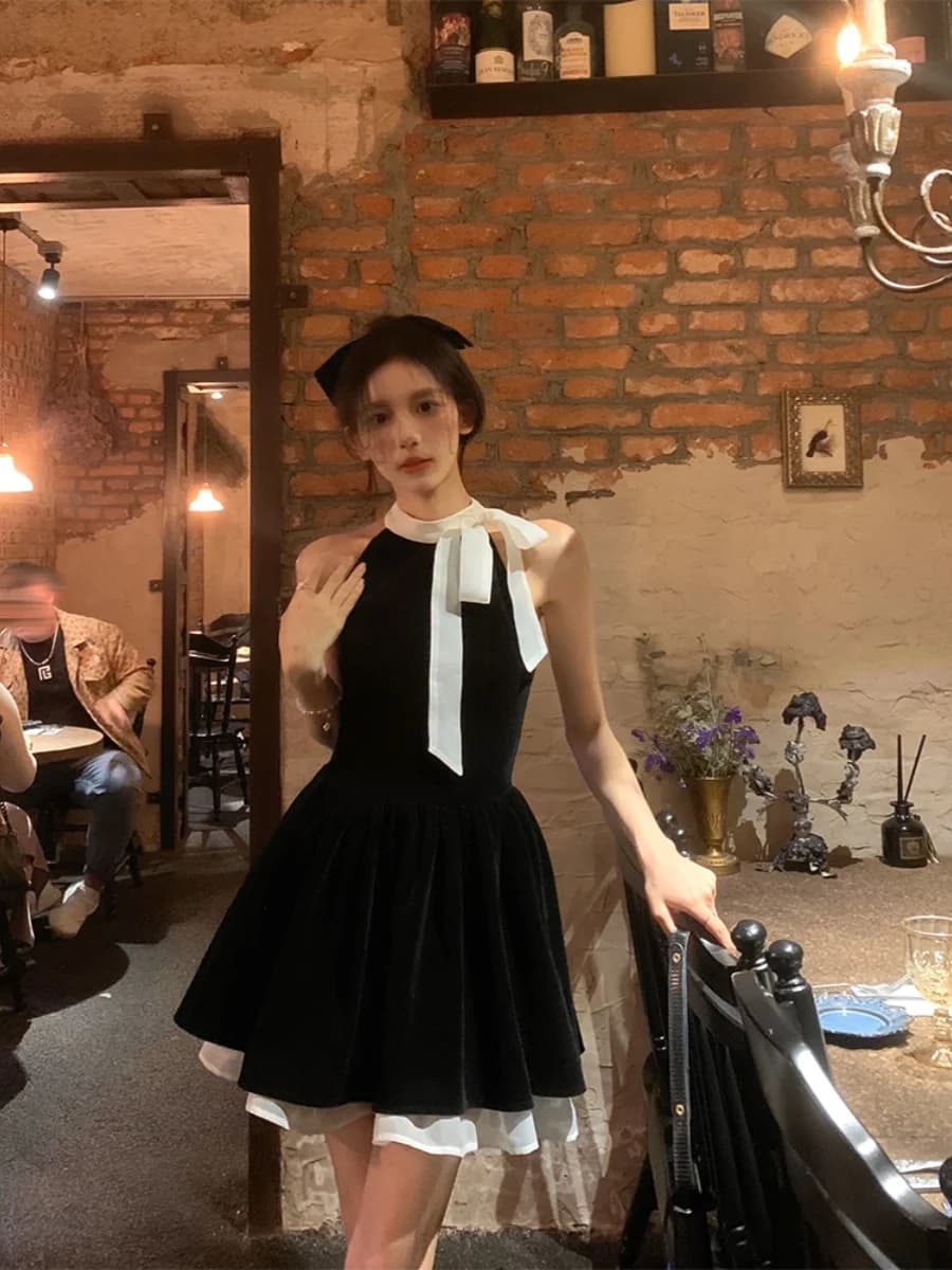 Yikett Summer Casual Style Women's Dress Neck Hanging Sleeveless Dress Velvet round Neck A-Line Skirt