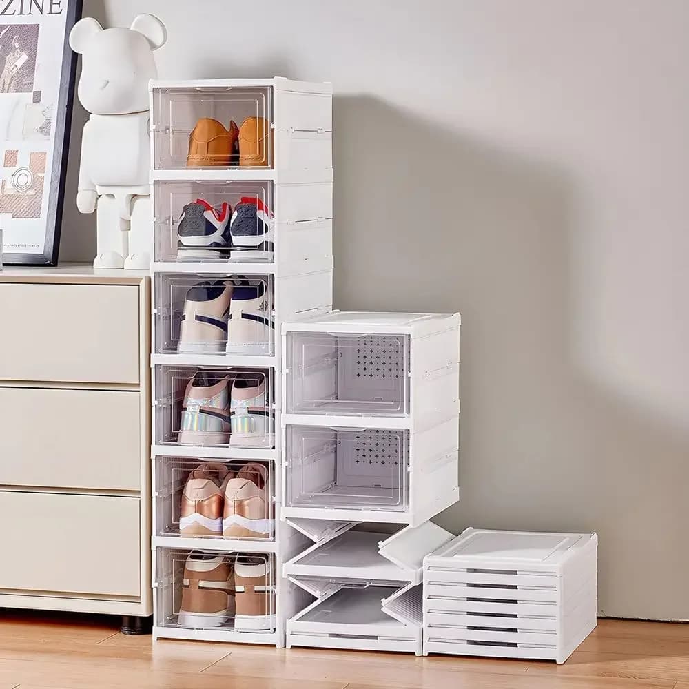Shoe Storage Box, Stackable Shoe Organizer Storage Bin with Clear Door, Standing Shoe Shelnet with Lid, Plastic Shoe Rack or Clo