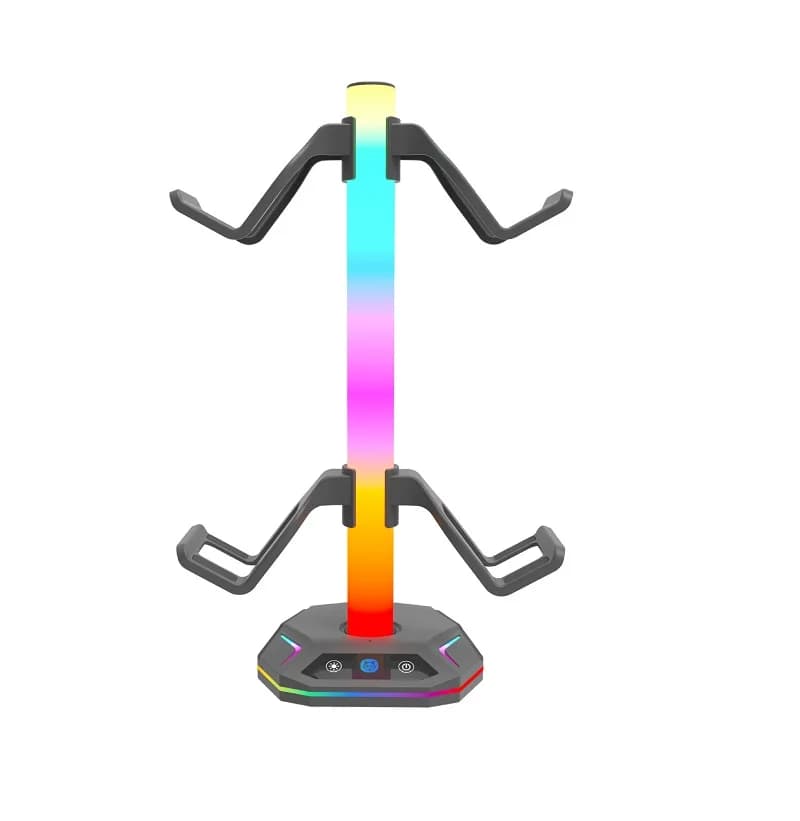 Supporto per cuffie da gioco RGB con doppia ricarica USB Supporto per cuffie con controllo touch Hub AUX da 3,5 mm Luci da festival per la configurazione del PC da scrivania