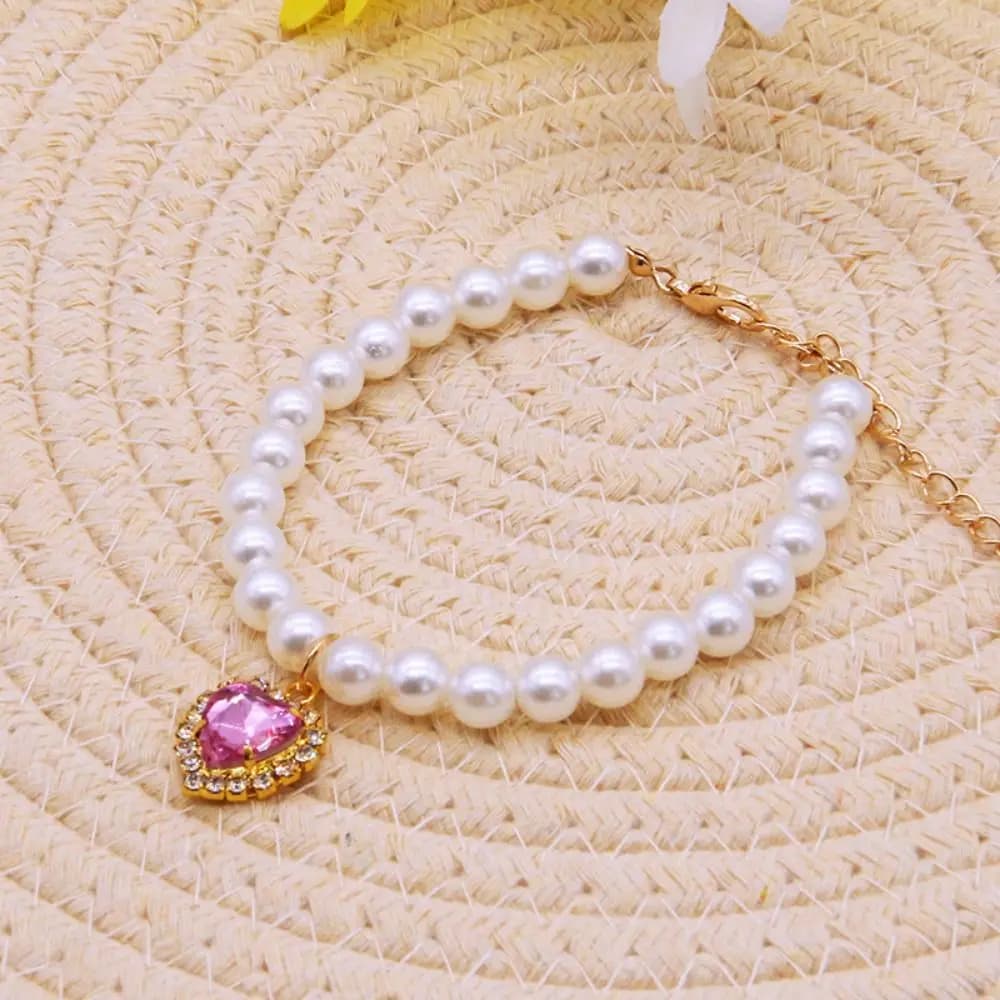 Collana di Lusso con Cuori e Perle per Animali Domestici, Catena Regolabile con Strass per Cani, Graziosa Collana con Cuori per Gatti ​ Accessori Fotografici per Collari