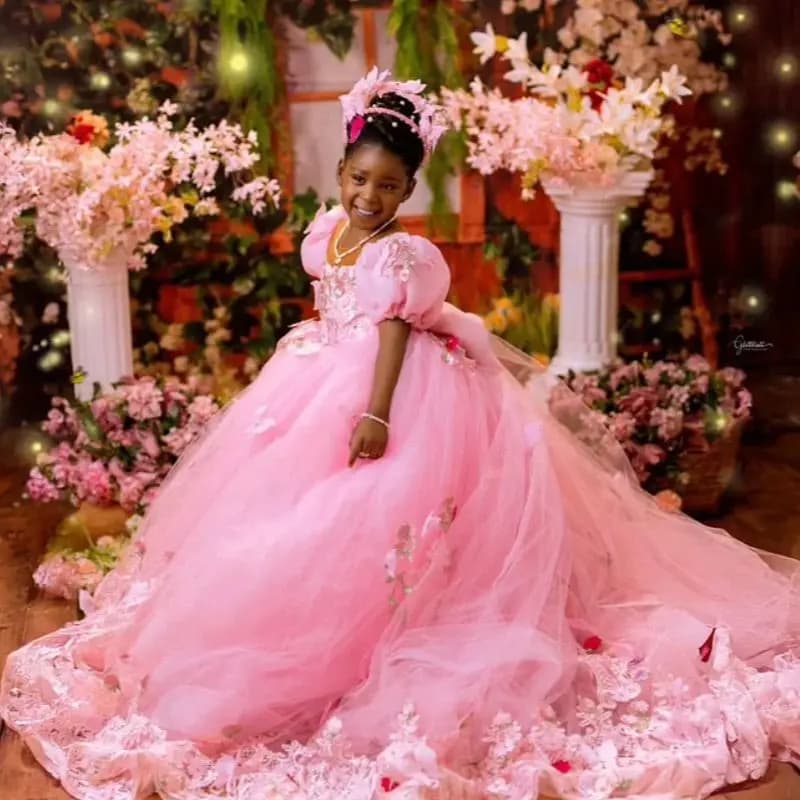 Abiti da festa di compleanno per ragazza principessa rosa Abiti da ragazza di fiori personalizzati Abiti lunghi da ballo per bambina applicati per servizio fotografico