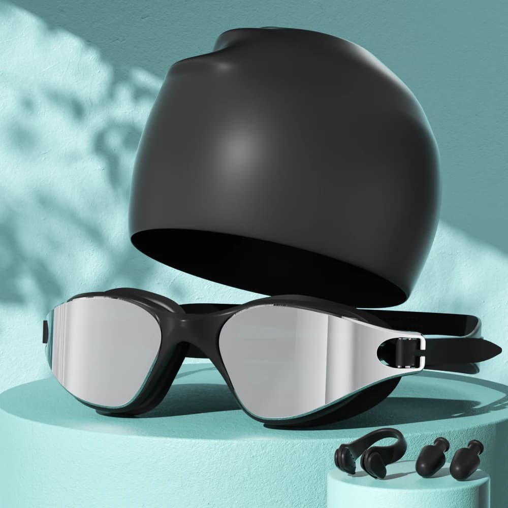 Adult swimwear with anti-fog and waterproof functionality: provided with swim cap, nose clip and ear plugs