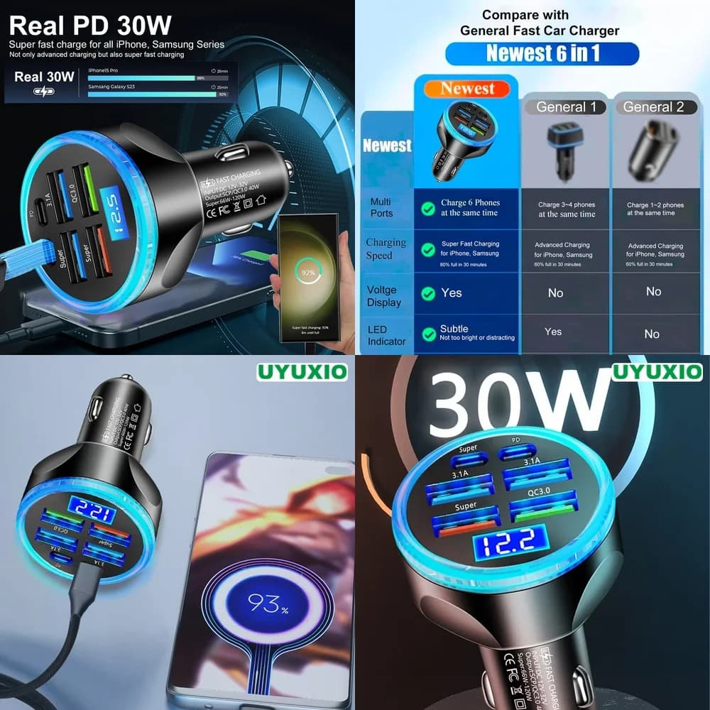 6 Ports PD 30W Super Fast LED Digital Display Car Charger Smart IC Chip Fast Charging for iPhone 17 16 15 14 Pro Max Plus Socket