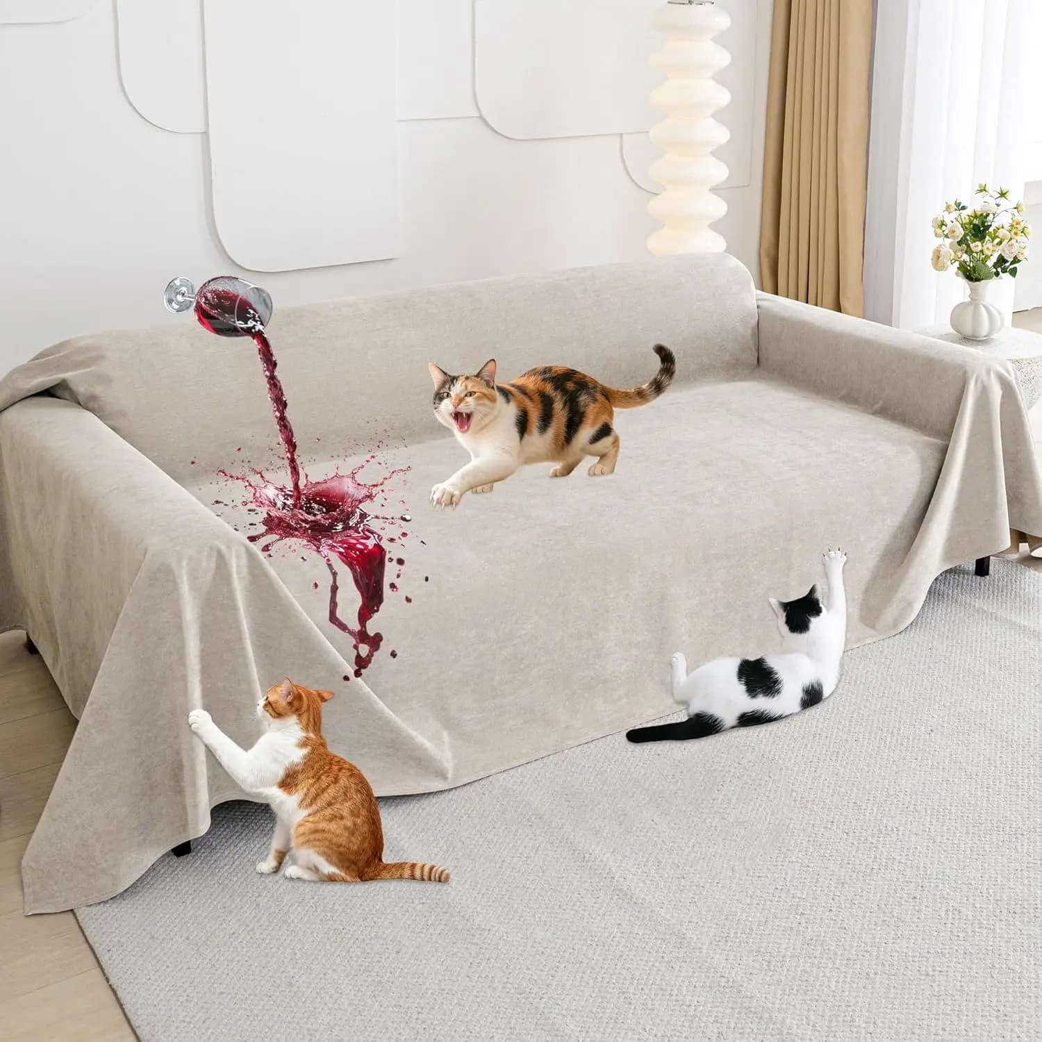 Waterproof and Anti-scratch Cover for Cats - Protects 3 Pillow Sofas, Easy to Wash, Polyester Fabric Resistant