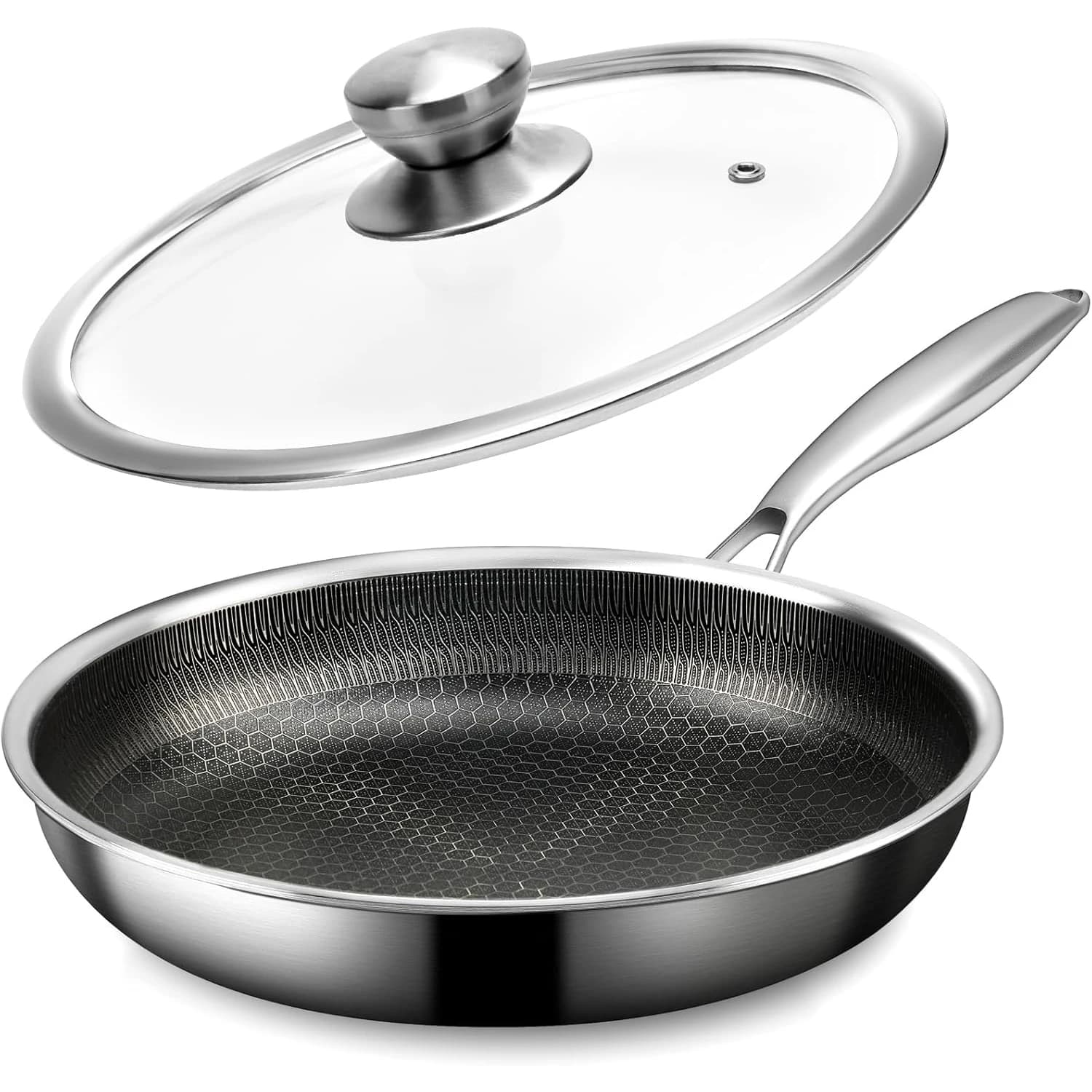 Stainless Steel Frying Pan with Lid, 11 Inch Honeycomb Non Stick Frying Pan, Skillet Egg Omelete Pans, Compatible All Cooktops