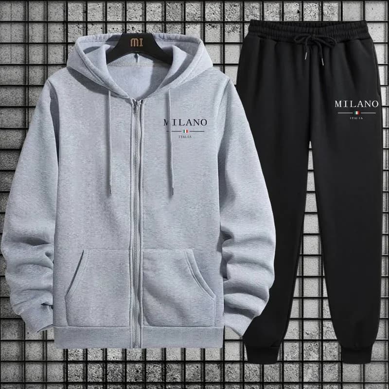 2 Piece Set Hooded Coat Jogger Pants Casual Outfits 2025 New Trendy Men's Zipper Hoodie Black Sweatpants Italy Fashion Tracksuit