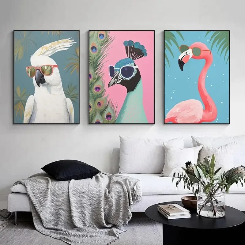 Sunglasses Birds Canvas Paintings Flamingo Peacock Cockatoo Bird Modern Pastel Poster Wall Art Print Picture Living Room Deco
