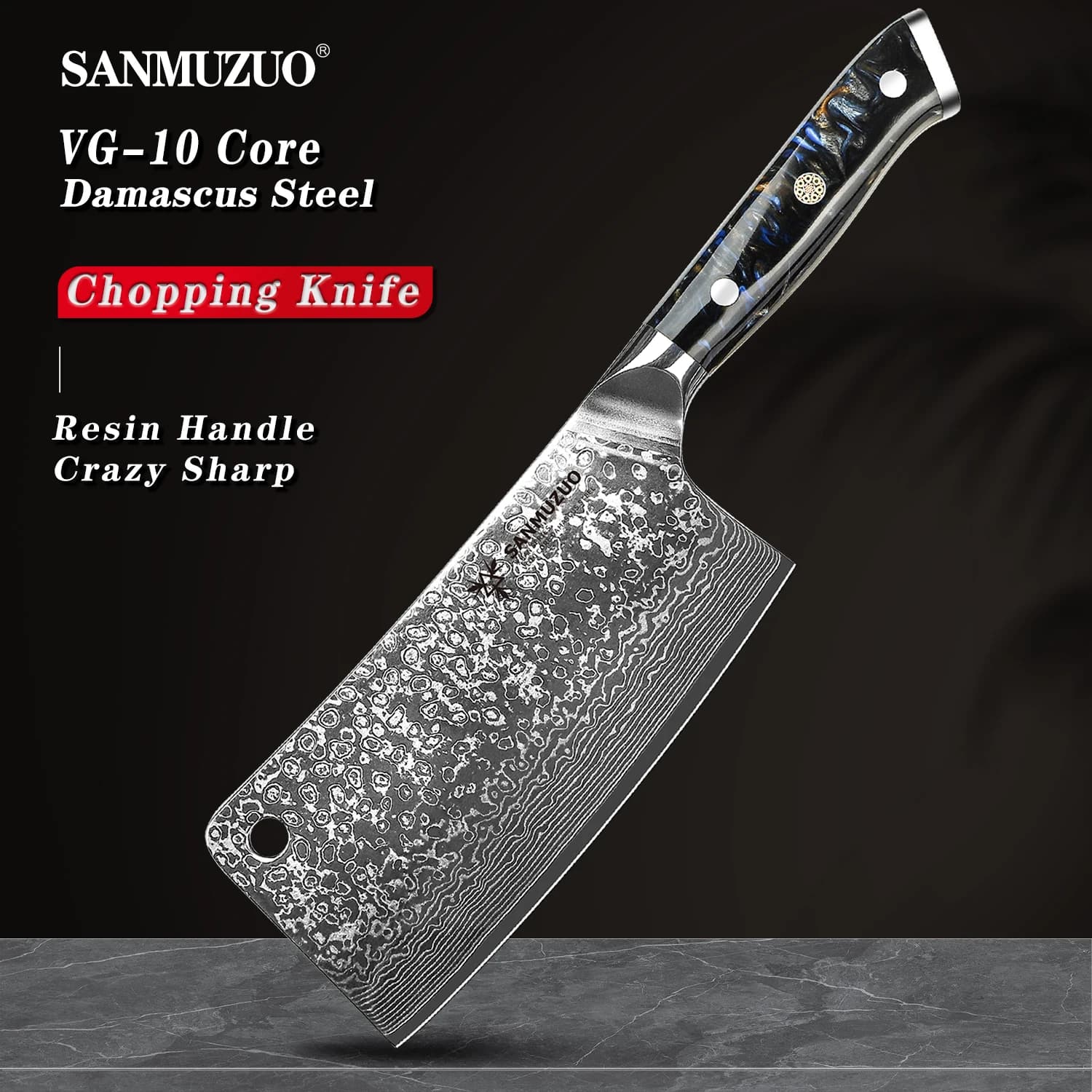 SANMUZUO Coltello per tagliare le ossa - Coltello per mannaia da 7 pollici - Serie Xuan - Coltello da cucina in acciaio damasco VG10 - Manico in resina (Nero)