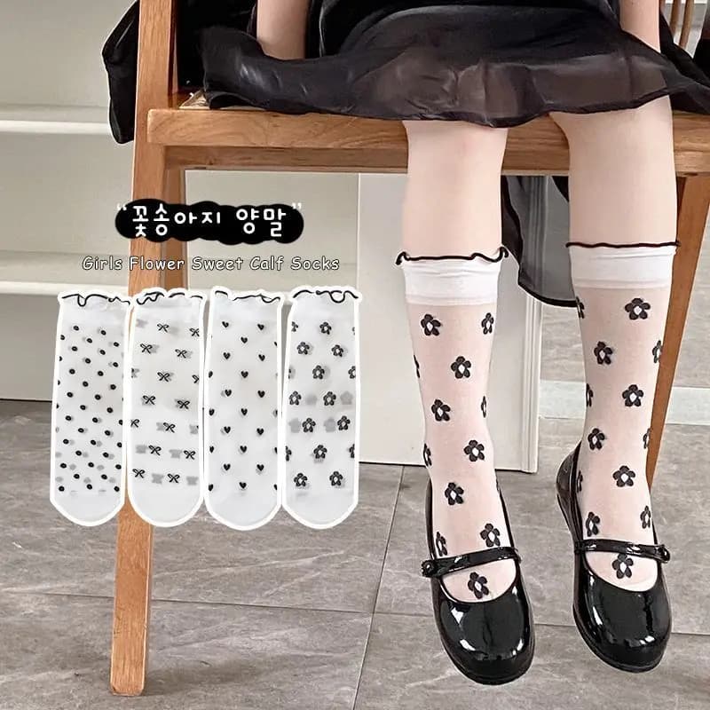 Baby Girl's Summer Ultra-thin Soft Lace Stockings Black and White Flowers Pattern Design Ruffled Edge Socks for Children Kids