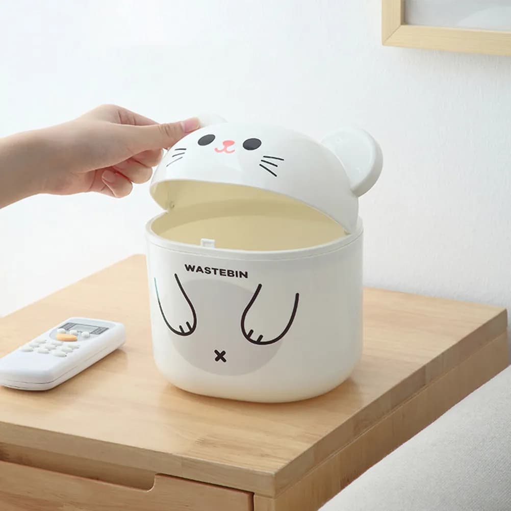 Cestino da scrivania con coperchio ribaltabile, piccolo e compatto, in plastica, per ufficio, dormitorio, soggiorno, camera da letto, piano di lavoro, mini Kawaii