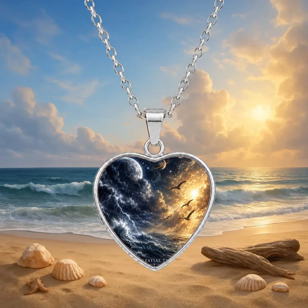 1PC Heart Pendant Necklace with ocean sunrise and night sky wave scene insert, Zinc Alloy chain and pendant, romantic beach style jewelry for daily wear, gifting and layering