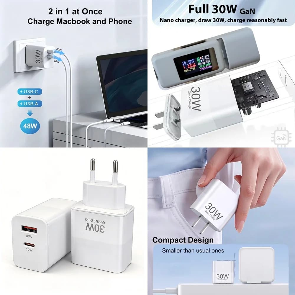 PD 30W USB C Fast Charger Dual Port Type C USB A Wall Adapter QC 3.0 Quick Charging Plug for iPhone 17 16 Samsung Galaxy Xiaomi