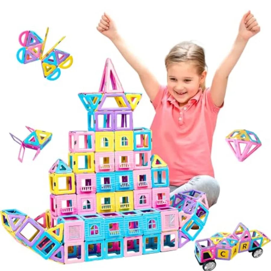 Magnetic Building Blocks Set: Magnetic Tiles Gifts with Car, Letter Card and Ferris Wheel, Upgrade Magnet Toys for 3+ Year Old