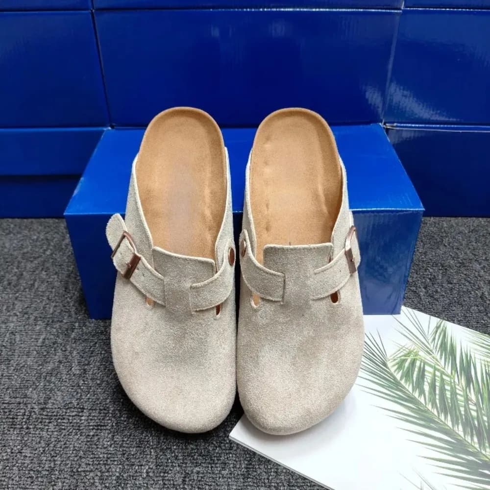 Premium Boston Style Suede Clogs, Unisex Retro Closed Toe Mules, Comfortable Cork Footbed Non Slip Casual Shoes for Daily Wear