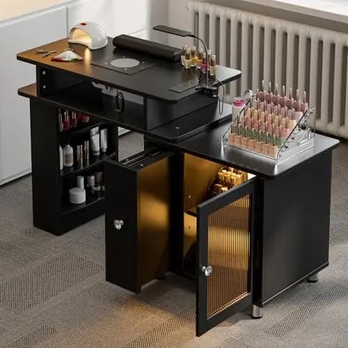 Manicure Table w/LED Light & Lamp, Nail Desk Nail Tech Table w/Dust Collector & Charging Station, Nail Station