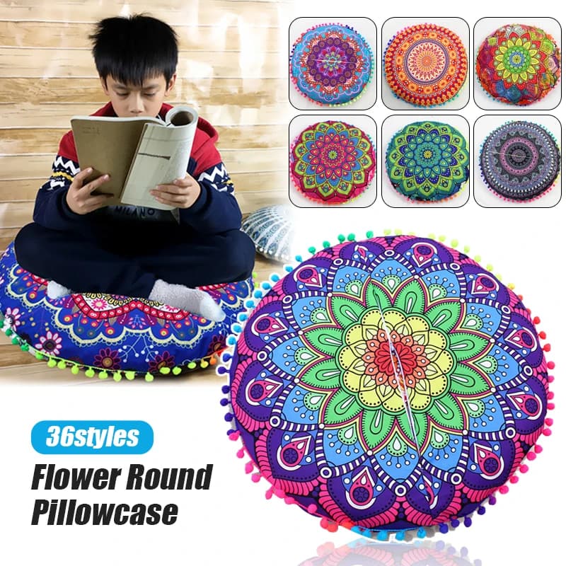43cm Round Bohemian Mandala Pattern Cushion Cover Indian Elephant Printed Pouf Retro Tapestry Cover Meditation Floor Pillowscase