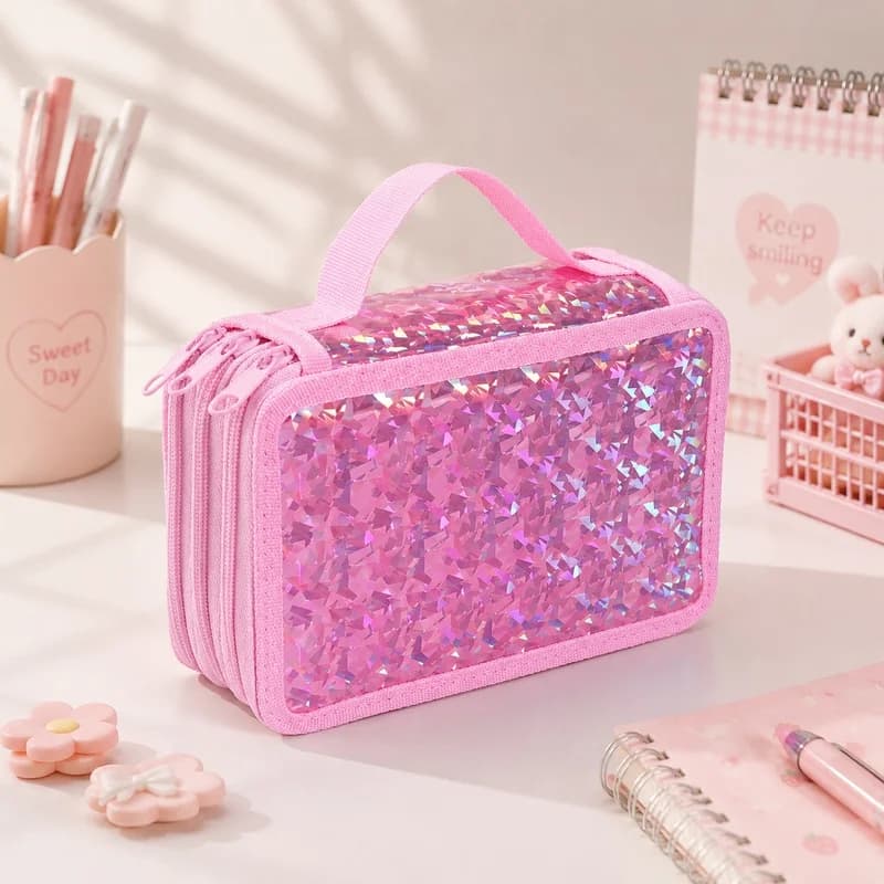 Shiny Leather 3-layer Pencil Case, Large Capacity Pencil Bag, Stationery Storage Pencil Pouch, Art Supplies Organizer, Cute Gift