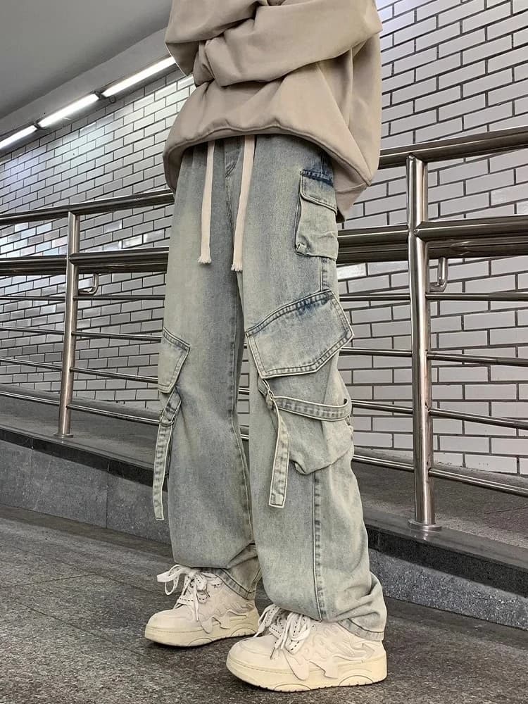 American High Street Multi-Pocket Workwear Jeans Men's Autumn Winter Loose Straight Leg Wide Leg Casual Trousers