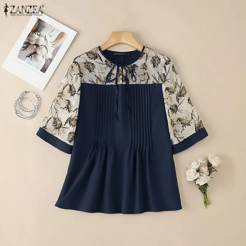 Camicette da donna eleganti con stampa floreale in chiffon patchwork mezze maniche con lacci O-Collo Pintuck Top Estate 2026 ZANZEA Abbigliamento donna