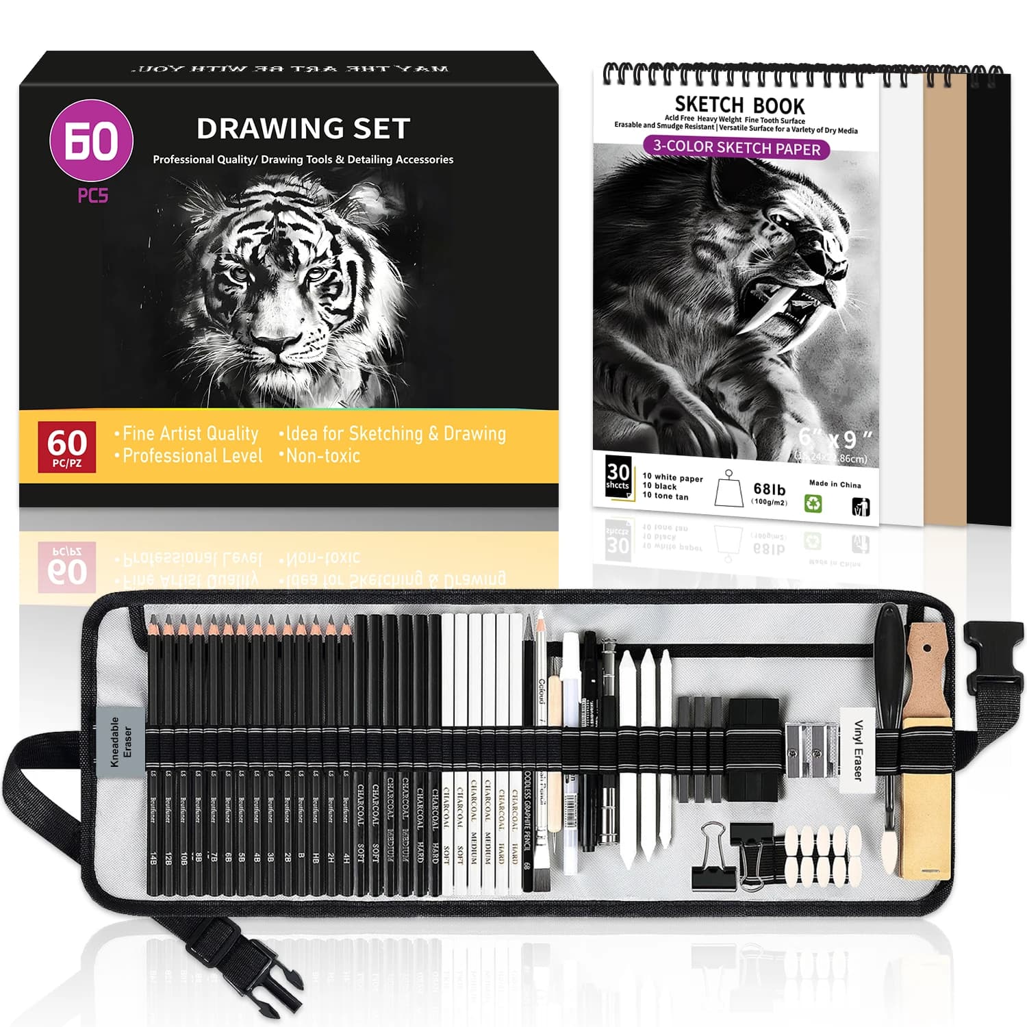 Premium 60PCS Pro Drawing Kit, Complete Sketching Set Featuring Charcoal Sticks, Sketch Pencils & Essential Art Tools, Ideal for Shading, Portrait Drawing & Art Projects