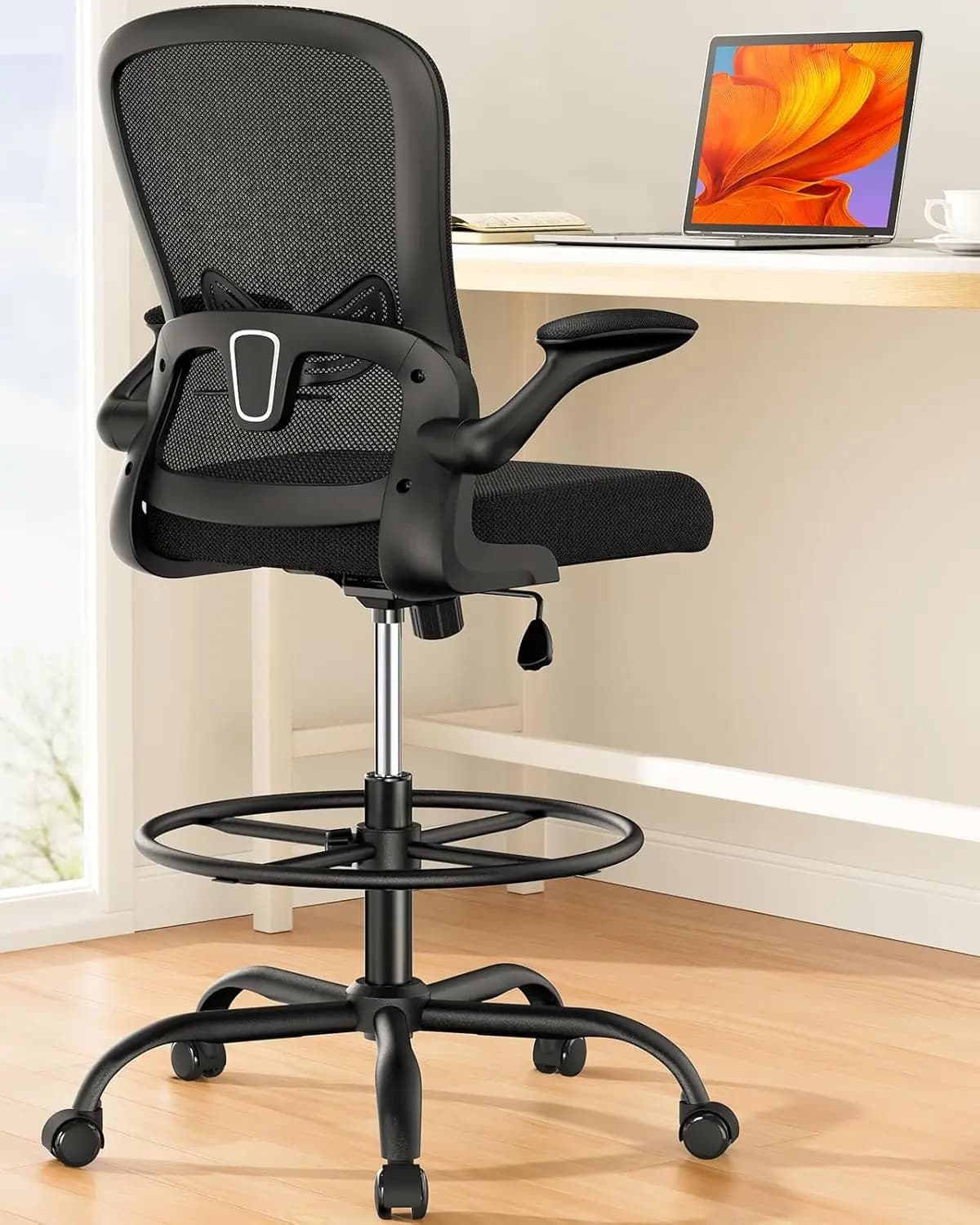 Sedia da Disegno Ergonomica con Braccioli Ribaltabili, Altezza Regolabile e Poggiapiedi, Supporto Lombare per Scrivanie Regolabili in Altezza