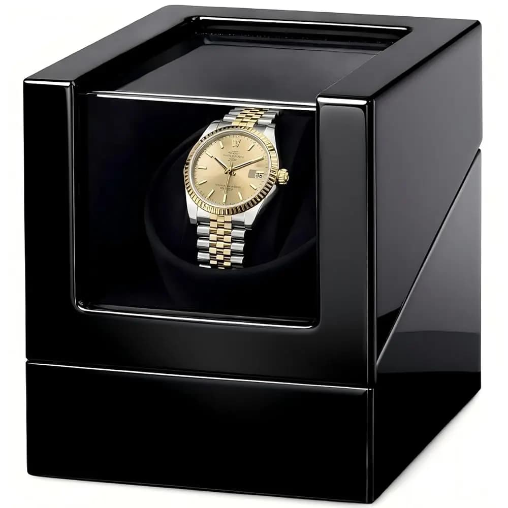 Scatola Avvolgitore Automatico per Orologio Singolo per Rolex e Altri Orologi, Custodia in Legno con Finitura Lusso Nero Lucido Effetto Pianoforte