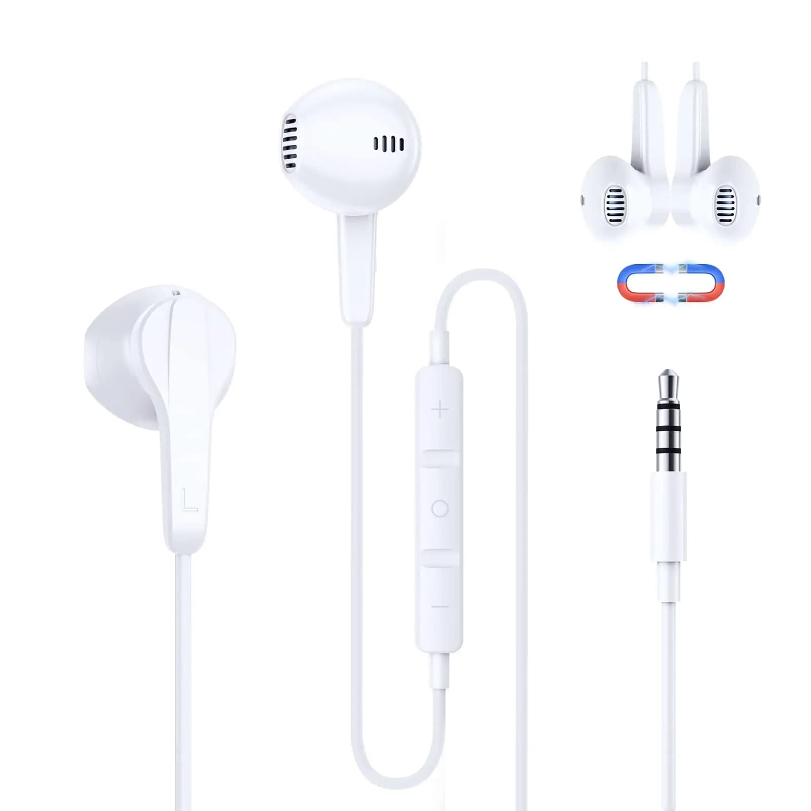 1 paio di auricolari semi-in-ear cablati per musica e gaming con microfono e controllo in linea, nuovo design magnetico per riporre facilmente gli auricolari